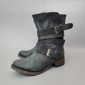 Steve Madden Brewzzer Boots Black Leather Buckle Strap Moto Biker Womens Size 8